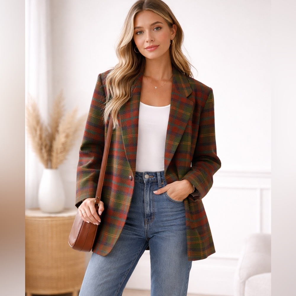 Requirements Tartan Plaid Blazer
Jacket Women 14 USA Made Red Green VTG Academia